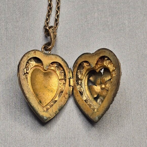 Victorian 12K Gold Filled Heart Locket Necklace Old Mine Cut Blue Paste Stones - Picture 6 of 16